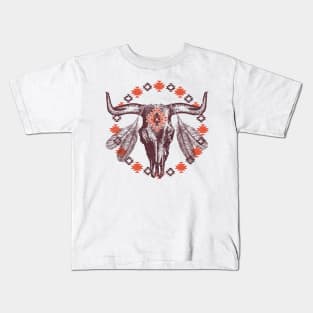 Southwestern Bull Cow Skull BOHO Feathers Aztec Kids T-Shirt